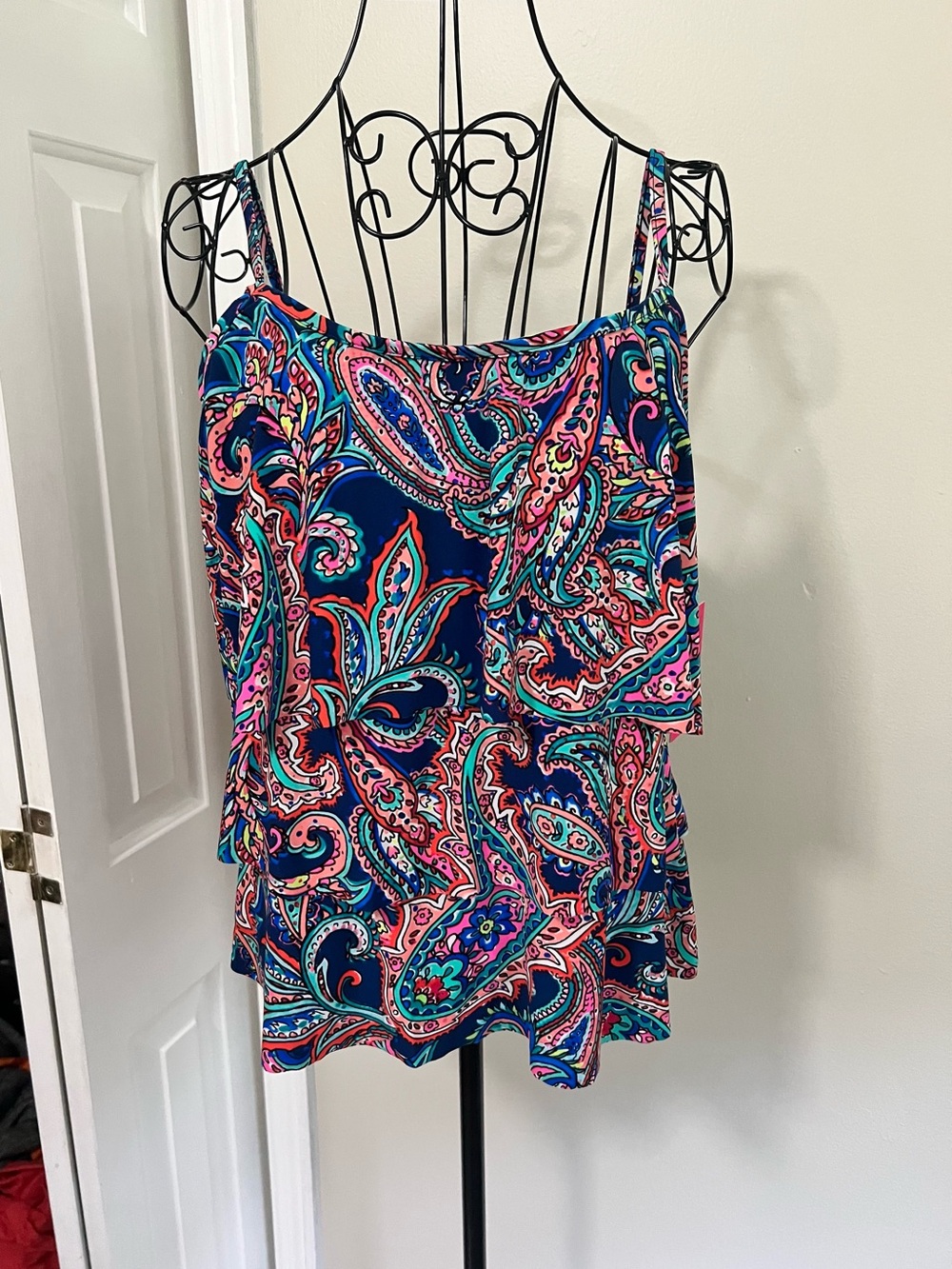 Layered Paisley Swim Tankini Top - Navy & Pink
